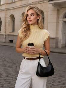Nicenter Women's Fall‑Winter Sweater Tops Chic Ribbed Knit Mock Neck Sleeveless Regular Fit Knit Vest Sweater Daily Fall‑Winter Outfit For Women - Beige - View 1