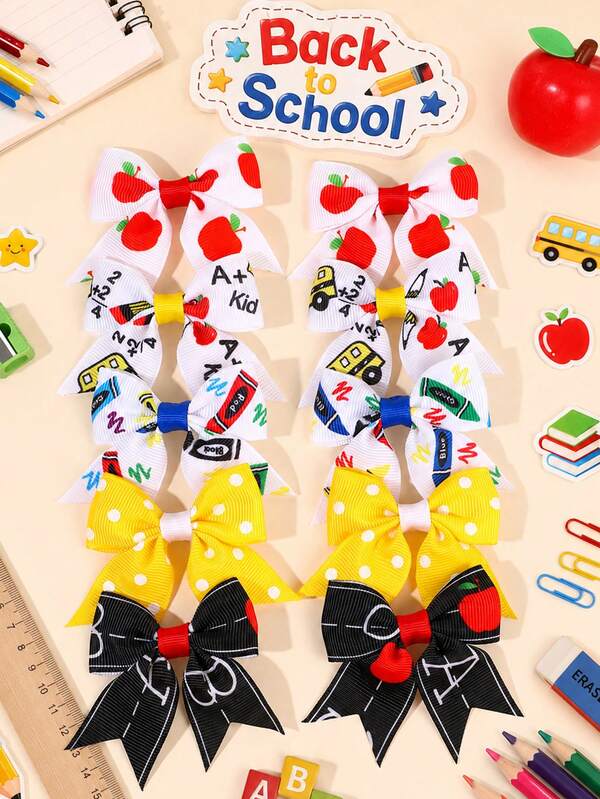 10pcs Back To School Printed Hair Bows For Kids Apple Pencil Alligator Clips Stationery Printed Hairpins Delicate Student Daily Barrettes School Season Hair Clips Teens Hair Accessories