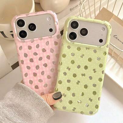1 pieza Funda de teléfono con diseño láser de manzana y fresa linda compatible con iPhone 17 Pro Max, doble capa 16 Pro/17, estilo femenino 15 Pro, cobertura total creativa 14, funda protectora a prueba de golpes
