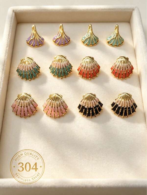 Ins Fresh Coastal Style Multi-Color Scallop Oil Drop Earrings, Fan-Shaped And Water-Drop Gradient Shell Enamel Texture, Skin-Friendly Sweat-Resistant 304 Stainless Steel Material, Beach Daily Versatile Ear Jewelry, Y2K Millennium Energetic Girl Spring Summer Beach Commute Accessory, Summer Vacation Item Gift. Suitable For Class, Commute, Beach Check-In, Travel All-Scenario Versatile And Fail-.