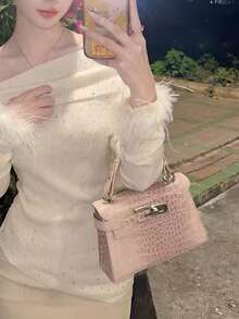 Sweet Cool Y2K High-End Lock Design Crocodile Embossed Small Square Bag Versatile Shoulder Crossbody Handbag - Pink - View 2