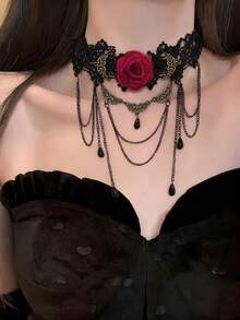 1pc Women's Vintage Lace Gothic Choker Necklace With Mesh, Rose, Tassel And Multi-Chain Collar Bone Chain - Multicolor - View 2