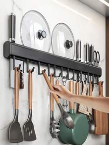 Kitchen Utensil Rail,No Drill Kitchen Hanging Rack,Wall Mount Utensil Holder,Sliding Hook Cookware Rack,Self Adhesive Kitchen Storage Bar,Kitchen Spatula Pot Lid Organizer,Punch-Free Kitchen Rail,Stainless Steel Kitchen Wall Rack - Multicolor - View 1