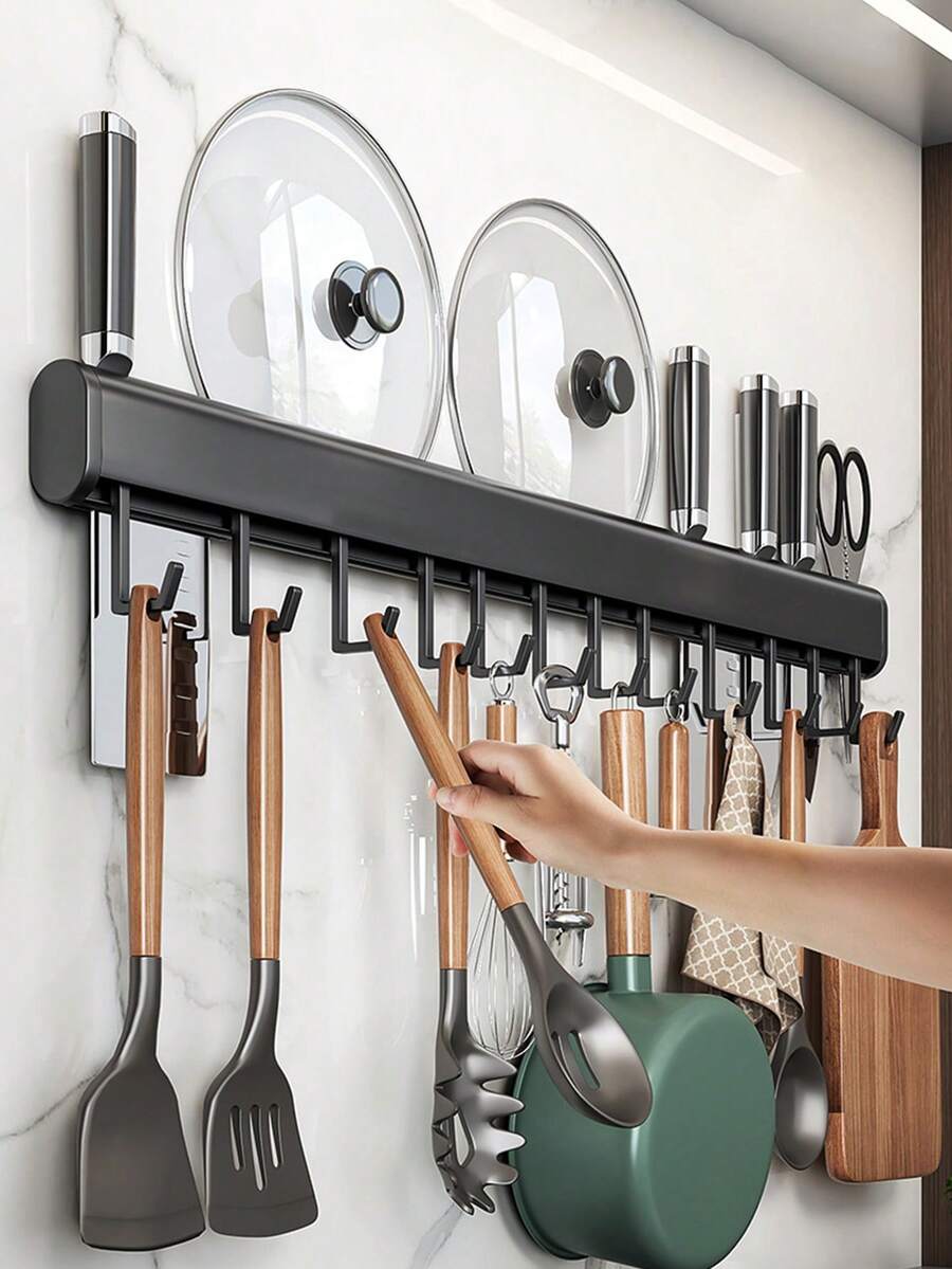 Kitchen Utensil Rail,No Drill Kitchen Hanging Rack,Wall Mount Utensil Holder,Sliding Hook Cookware Rack,Self Adhesive Kitchen Storage Bar,Kitchen Spatula Pot Lid Organizer,Punch-Free Kitchen Rail,Stainless Steel Kitchen Wall Rack - Multicolor - View 1