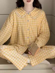 2pcs/Set Women's Pajamas Loungewear Set, Peter Pan Collar Plaid Print Korean Style Long Sleeve Long Pants, Comfortable For Home Wear - Yellow - View 6