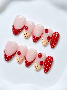 Uñas postizas Shecass de presión francesa color albaricoque nude rojo crema con lunares, decoración 3D de mariquita, estilo japonés lindo, vintage campestre dulce, brillantes, hechas a mano, reutilizables, para manicura diaria de primavera, festival de música, vuelta a clases, estilo Y2K, uñas de verano - Multicolor - Ver 2