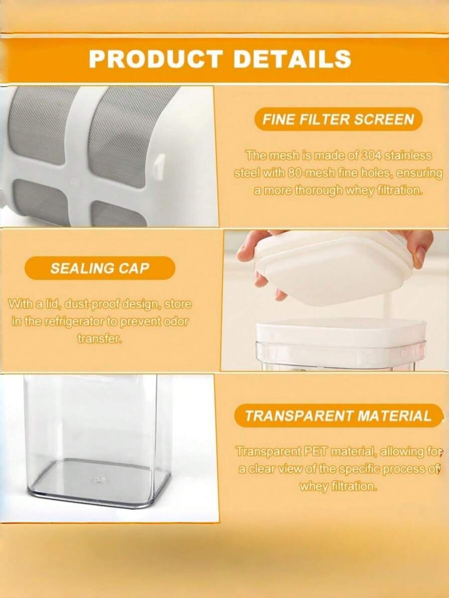 1pc Yogurt Making Kit - Ultra-Fine Strainer And Sturdy 1pc Greek Yogurt Flip-Top Rectangular Storage Container, Suitable For Home, Store, Party, Gathering