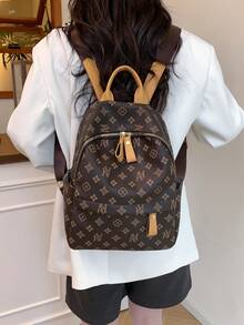 Dedoo Women Vintage Printed PU Backpack, Top Handle, Double Zipper Pockets, Adjustable Shoulder Straps, Large Capacity Casual Travel Daypack For All Seasons - Brown - View 4