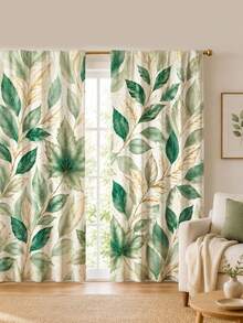 2pcs Watercolor Green Leaf Print Decorative Curtains, No-Drill Rod Pocket Design, Easy Installation & Removable, Polyester Material, Suitable For Living Room, Bedroom, Bohemian Nordic Modern Home Decor - Multicolor - View 8