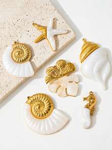1/6pcs Ocean Shell Pendant, Gold Tone Conch Starfish Horseshoe Pendant, Pearl Effect DIY Jewelry Accessories, Suitable For Necklace Bracelet Making - Yellow Gold - View 1
