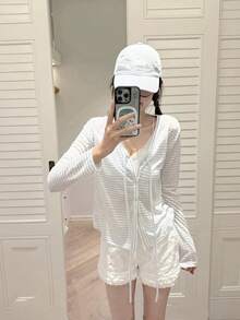 Women's Elegant Casual Striped V-Neck Cardigan Jacket, Autumn Sun Protection Top - Blue - View 4