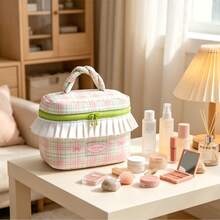 Girly Sweet Frill Trim Plaid Makeup Box Fresh INS Style Skincare & Cosmetics Storage Bag Large Capacity Toiletry Bag With Handle - Multicolor - View 14
