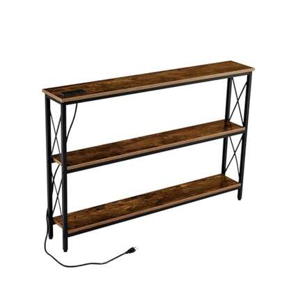 MU:4LIFE Mesa Consola Estrecha de 3 Niveles con Regleta Eléctrica, 120 cm, Estructura Metálica, Mesa Auxiliar para Sala, Entrada y Pasillos 3 Niveles, Atigrado