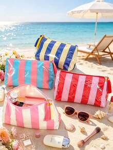 Waterproof Striped Cosmetic Bag With Tassel Large Capacity Makeup Bag Portable Wash Bag Multi-Color Travel Makeup Storage Bag For Beach & Bathroom - Multicolor - View 2