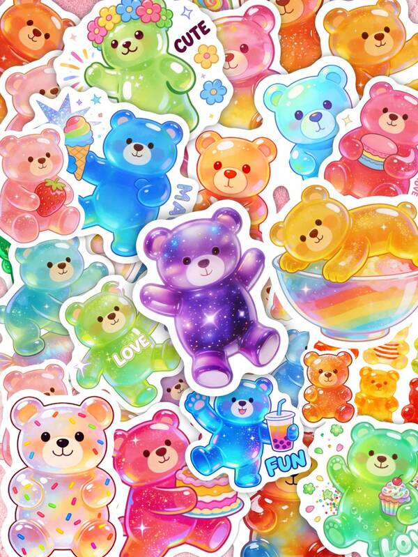 50Pcs Glitter Jelly Gummy Bear Waterproof Stickers, Kawaii Colorful Candy Bear With Dessert Bubble Tea Decals For Water Bottle Laptop Notebook Scrapbook Decor