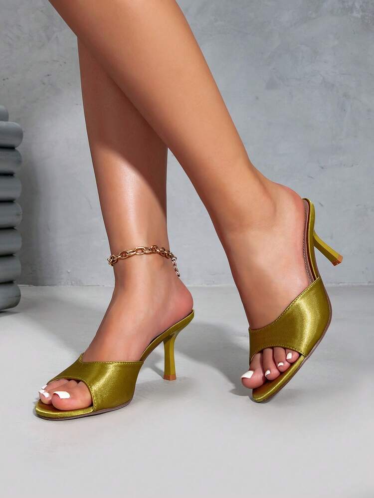 Women's Vintage Mint Green Faux Silk Round Toe Stiletto High Heel Sandals, Backless Design Luxury Fashion Sandals, Peep Toe Comfortable Mule Shoes, Stiletto High Heel Ankle Chain Sandals, Suitable For Party Evening Sexy PU Leather Sandals, Comfortable Commute Office Sandals, Spring Summer Autumn - Pale Yellow - View 5