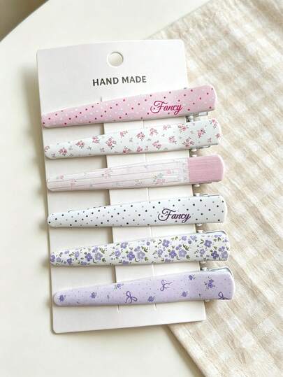 Weet Floral Polka Dot Duckbill Hair Barrettes, Letter Printed Alligator Hair Clips, Aesthetic Korean Style Bangs Hair Pins For Girls Dating Outfit