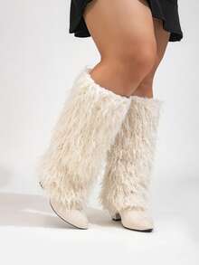 Women's Wide Calf Long Fur High Boots, Pointed Toe Chunky Heel Zipper Design, Beige High Heel Wide Calf Long Boots, Slimming High Boots - Beige Wool - View 5