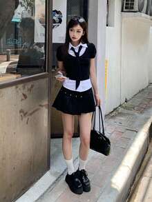 Korean Style Color Block Patchwork 2 In 1 T-Shirt (No Tie) Casual Summer - Black and White - View 7