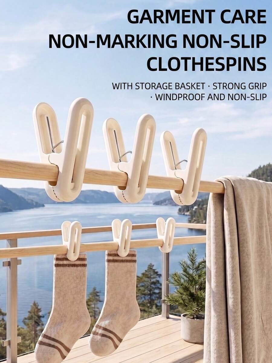 8 Windproof And Traceless Clothes Clips With Storage Basket- Colorful Plastic Clips For Laundry, Socks, Delicate Laundry- Clothes Line And Clothes Rack Organizer, Multifunctional Home Accessory, Durable And Sturdy Design, Compact Cloth - Multicolor - View 1