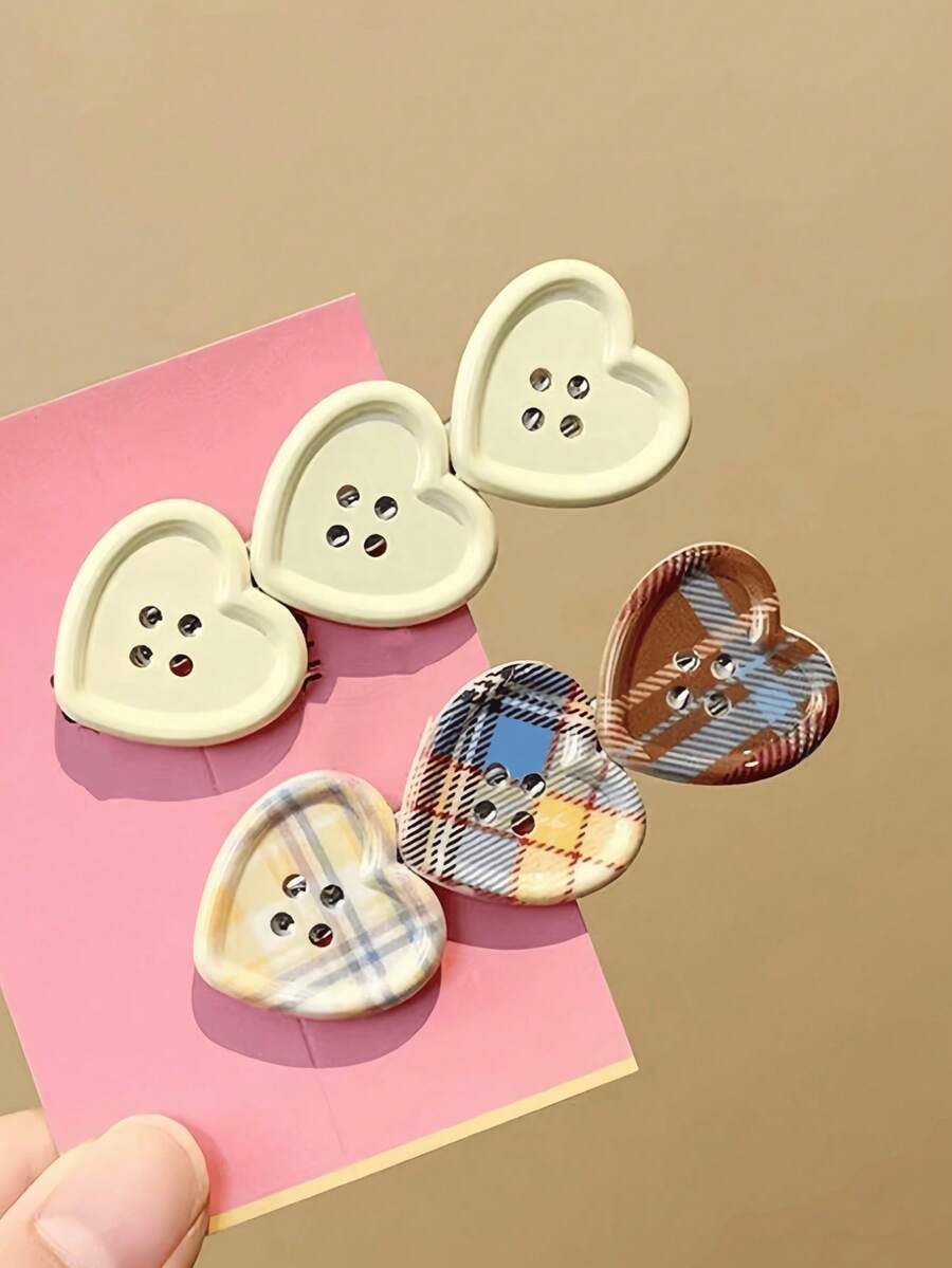 2PCS Vintage Plaid Heart Button Hair Clips For Women, 3 Heart Button Side Clips, Plaid Print Bangs Clips, Contrast Color Button Hair Clips, Versatile Hair Clips - White - View 1