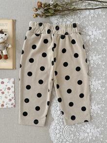 Baby Girl Black Polka Dot Decor Cuffed Pants, Elastic Waist, Versatile Loose Stretch Casual Long Pants - Black - View 4