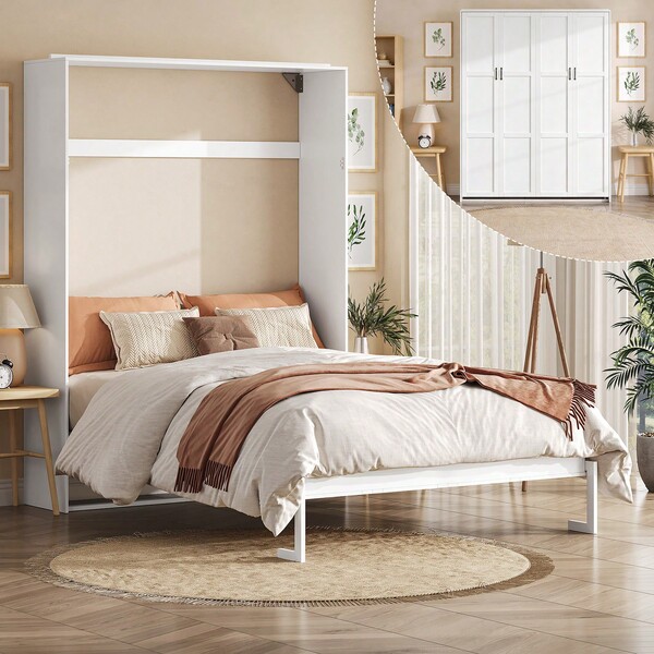 79.3-Inch Full Size Murphy Bed , Modern Wood Hidden Foldable Wall Bed, Murphy Bed Cabinet For Bedroom, Guest Room, White