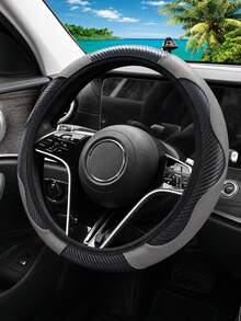 1pc Grey Carbon Fiber Leather Comfortable Car Steering Wheel Cover Without Inner Ring, Car Decor Suitable For 14.5-15 Inch Steering Wheel, Car Interior Accessory, Unisex, All Season - A - View 6