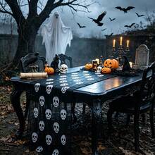 Halloween Pumpkin Table Centerpiece With Skull Tablecloth, Spooky Candle Holder And Pumpkin Lantern Decor, Suitable For Outdoor Patio, Halloween Party Venue And Home Decoration - Black - View 3