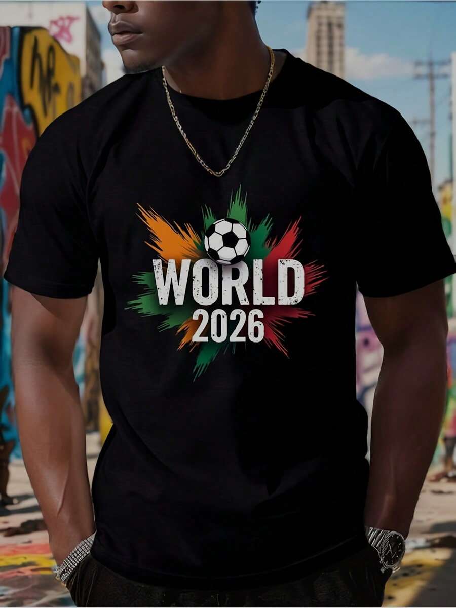 Herren Fußball-WM 2026 T-Shirt mit Pinselstrich-Druck, lässiges Kurzarm-Rundhals-Sommer-T-Shirt mit globalem Fußball-Design, maschinenwaschbar, für Fans