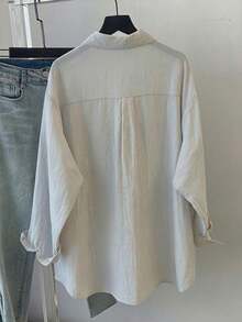 Plus Size Women's Solid Color Long Sleeve Casual Loose Shirt With Pockets, Spring/Summer - Light Grey - View 4