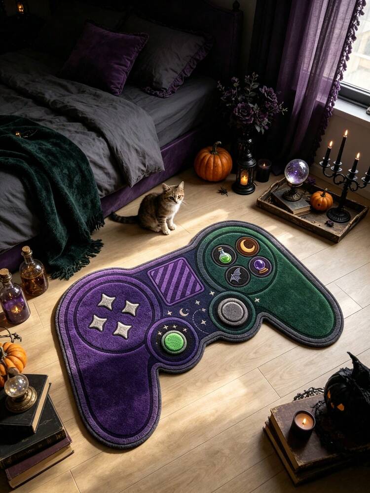 1 pieza Alfombra de controlador de juego púrpura & verde, alfombra de sala de estar, decoración de habitación, regalo de Halloween, alfombra de baño, lavable - Mando de juegos morado y verde - Añade 2