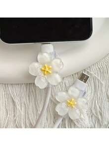 2pcs Cute Sakura Flower Cable Protector Set For Smartphone Charging Cords, TPU Material, No Battery, Universal Fit Cable Saver - 3D Flower - View 13