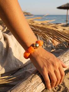 1/2pcs Summer Beach Vintage Orange Beaded Necklace Bracelet Earrings Heavy Exaggerated Jewelry Set Colorful Jewelry Suitable For Women's Daily Commute, Friends Gathering, Fashion Photography, Banquet Decoration, Vacation Decoration Charming Jewelry Gift - D Orange - View 4