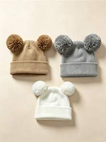 3pcs/1pc Warm Knitted Knitted Hat, Cute Plush Double Pom Pom Design, Thickened Hat Body, Suitable For Newborns - Multicolor - View 10