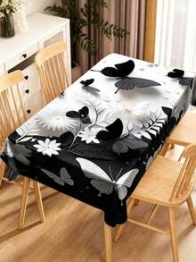 1pc Elegant Rose Butterfly Design Tablecloth, Waterproof Washable Polyester Rectangular Tablecloth For Home Kitchen Dining Room Decor, Party Picnic Decoration - Black - View 11