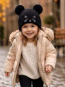 1PC Toddler Cartoon Cat Embroidered Double Pom Pom Knitted Hat, Foldable Soft Warm Beanie, Suitable For Toddler Daily Outings Winter Hat - Multicolor - View 2
