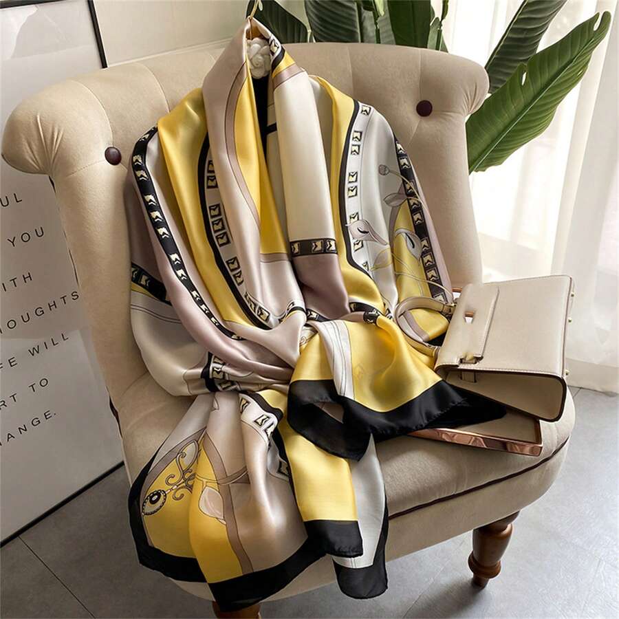 180*90cm Outdoor Shawl Fashion Women's Thin Silk Scarf All-Season Windproof Sandproof Shawl Line Chain Belt Horseshoe Pattern Color Block Rectangular Scarf For Women - Multicolor - View 1
