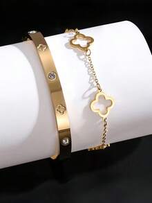 2Pcs/Set Stainless Steel Women's Lucky Clover And Heart Bracelet Set Shiny Zirconia Charm Party Jewelry Gift - Gold - View 5
