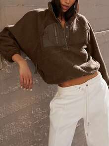 Women's Lightweight Fleece Pullover Jacket Cropped Fall Winter Fuzzy Sherpa Jacket Sweatshirt Coat With Pockets - 咖啡棕 - 查看 3