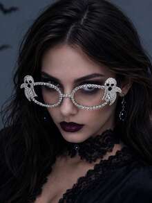 1pc Fully Rhinestone Bat Wing Halloween Cute Spooky Ghost Decorative Eyeglass Frame, Lensless Gothic Punk Halloween Horror Women's Party Photo Prop Fashion Accessory - YJK1132 - View 2