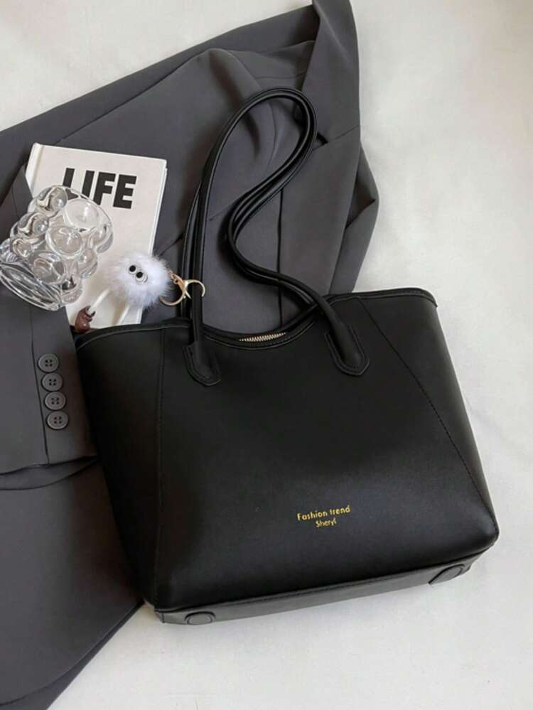 Women's Shoulder Tote Bag, Solid Color/Two-Tone, Plush Monster Doll Pendant, Zipper Large Capacity, Sweet Commute Daily Work Shopping Handbag - Black - View 4