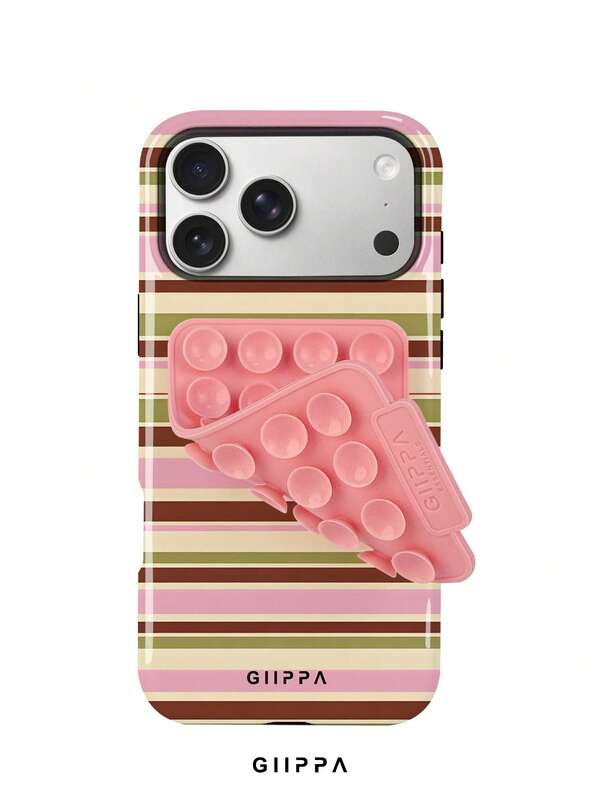 GIIPPA 1件暖棕色、淺粉色、米色、橄欖綠四色混色橫條紋圖案設計，Phone 17 Pro Max 手機殼 + 粉色吸盤，相容於 Phone 16 Pro Max、15 Pro Max、14 Pro Max，韓式高端時尚趣味手機殼，相容於 11/12/13/14/15/16 Pro Max Plus，優雅設計適合男女，聖誕節、情人節、復活節、婚禮季和生日送給女友的完美禮物！