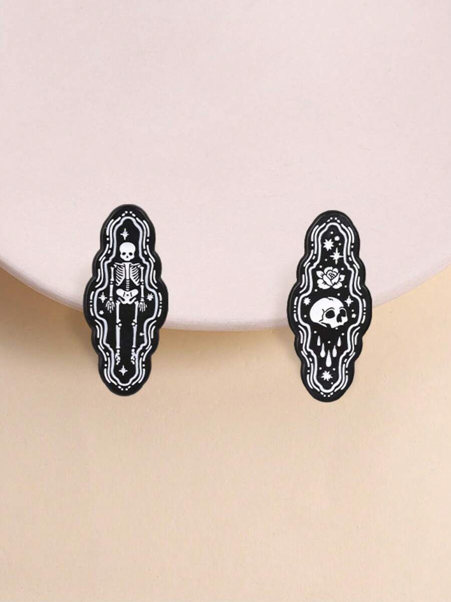 2 Buah Pin Enamel Tengkorak Gothic Gelap, Mawar Tengkorak Hitam Putih dan Lencana Kerangka Lengkap, Aksesori Fashion, Hadiah Unik untuk Pecinta Punk