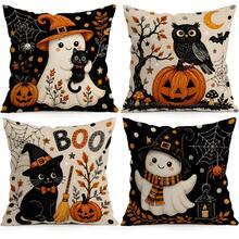 4pcs/1pc Cartoon Ghost Black Cat Halloween Pattern Pillowcase, Single-Sided Printed Pillowcase, Suitable For Living Room Bedroom Home Decor, All Season Pillowcase - Multicolor - View 1