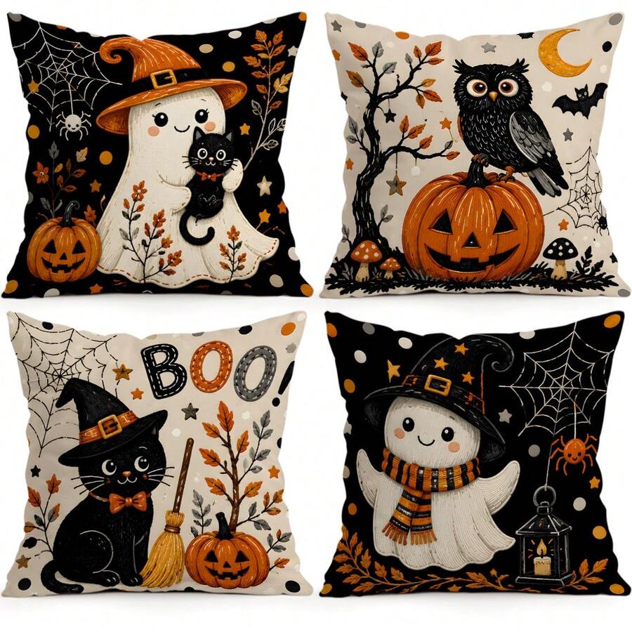 4pcs/1pc Cartoon Ghost Black Cat Halloween Pattern Pillowcase, Single-Sided Printed Pillowcase, Suitable For Living Room Bedroom Home Decor, All Season Pillowcase - Multicolor - View 1
