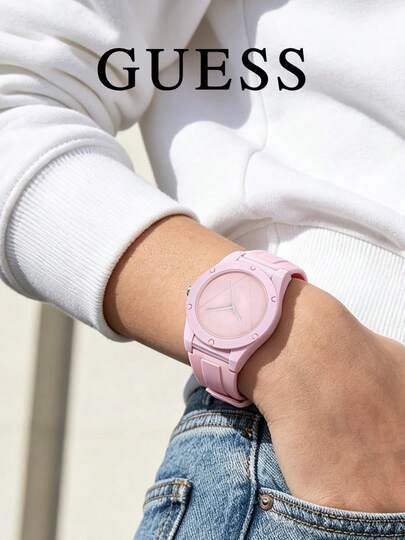 ساعة يد كوارتز نسائية من GUESS W0979L6 بلون أزرق فاتح، قطعة واحدة من السيليكون، شعار العلامة التجارية مثلث مقلوب محفور، قرص كبير 42 مم، لون ماكرون سادة، ساعة يد كاجوال للجنسين للطلاب، هدية عيد ميلاد