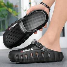 Men Women Smile Print Thick Sole Clogs, Adjustable Strap Hollow Out EVA Slip‑On Shoes, Non‑Slip Outdoor Beach Garden Slides - Black - View 4