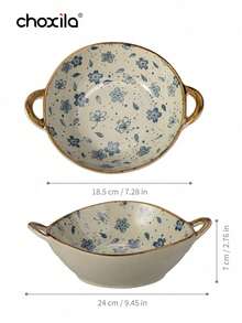 choxila 1件陶瓷碗組，花卉浮雕雙把手湯麵甜點碗，餐具 - 查看 8