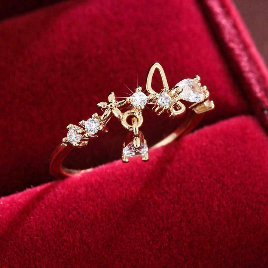 1pc Elegant Flower Decor Adjustable Open Ring With Synthetic Zirconia Stone For Women - Multicolor - View 1